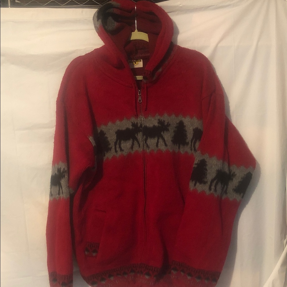 Earth Ragz Wool Blend Red Zip-Up Men's Sweater with Moose Design Big Lebowski